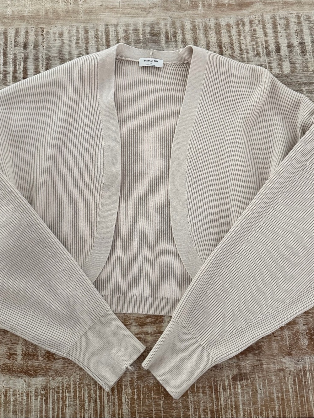 Babaton Beige Ribbed Open-Front Cropped Cardigan